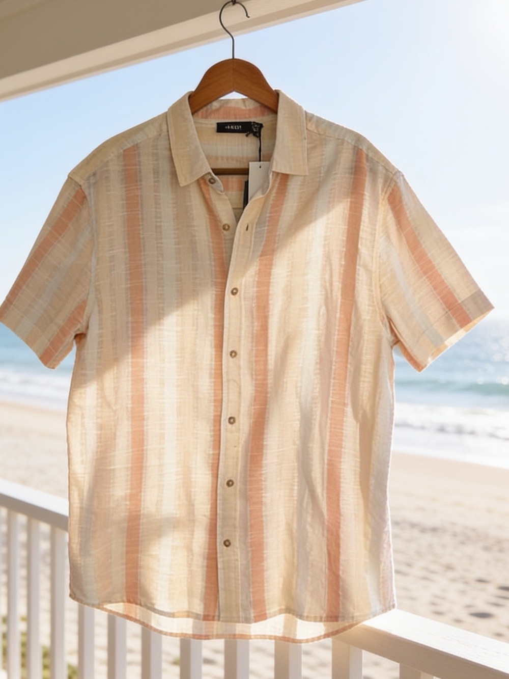 New Men’s Hedge  Striped Short-Sleeve Button-Down Shirt Apricot Wheat XL